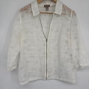 Chico’s Jacket Women’s Large White Flamingo Pattern Sheer Lightweight Coastal